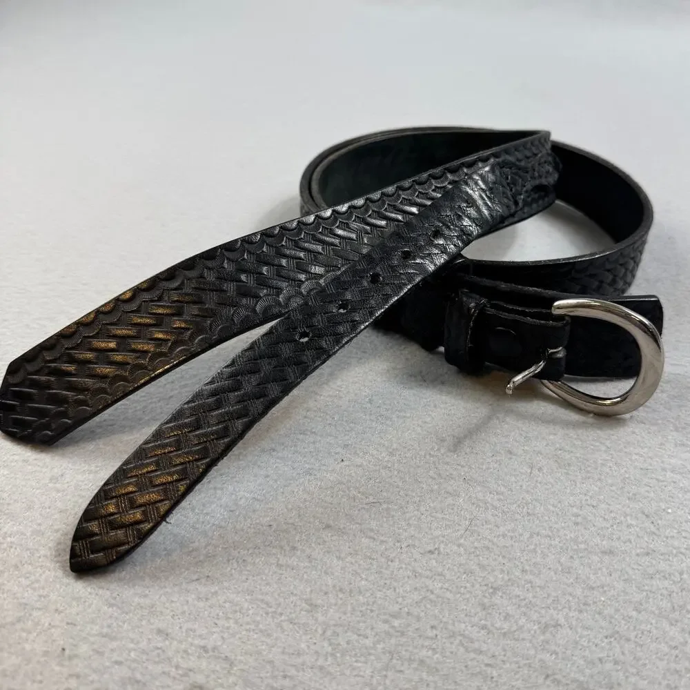 Bostonian Leather Belt Mens 42 Black Basketweave Double Strap Overlay USA